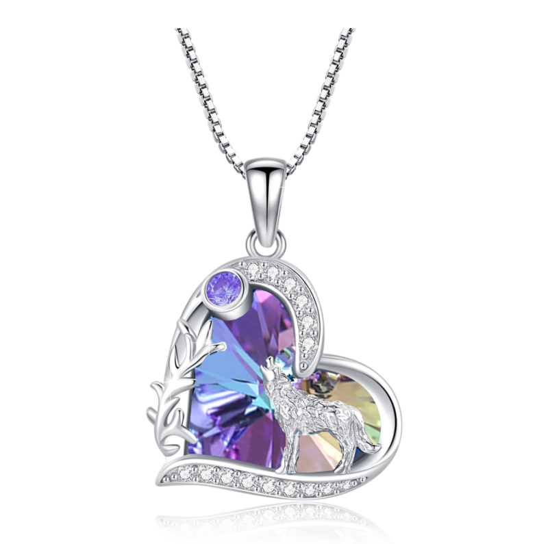 Sterling Silver Purple Heart Wolf Crystal Pendant Necklace For Women-10