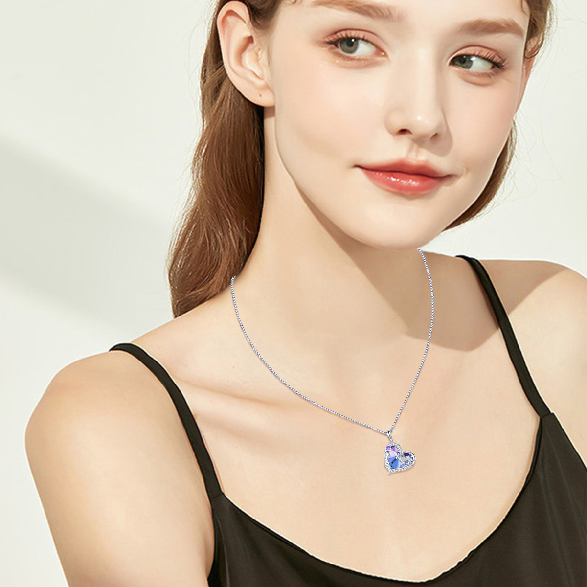 Sterling Silver Purple Heart Wolf Crystal Pendant Necklace For Women-2