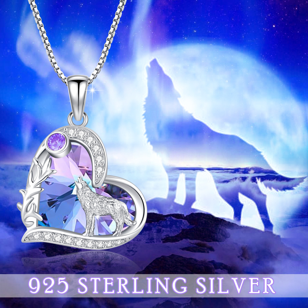 Sterling Silver Purple Heart Wolf Crystal Pendant Necklace For Women-3