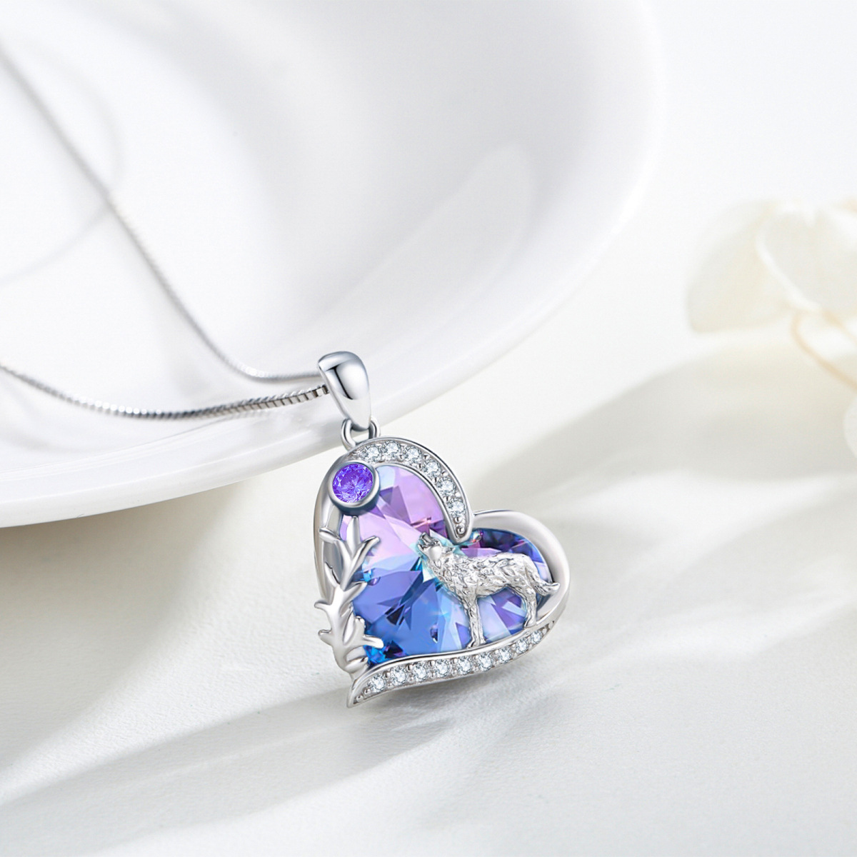 Sterling Silver Purple Heart Wolf Crystal Pendant Necklace For Women-4
