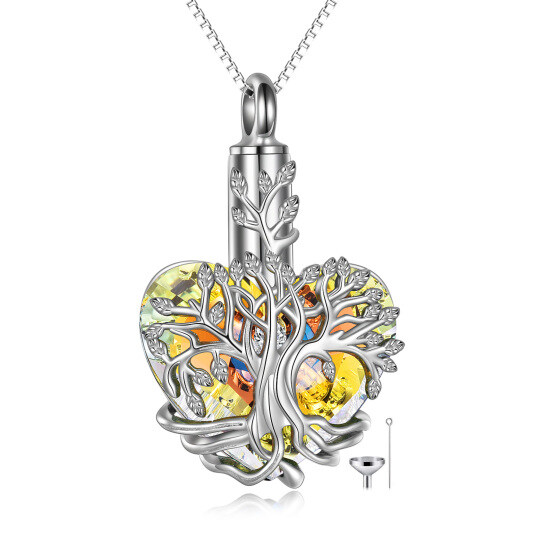 Collana per urna in argento sterling a forma di cuore con albero della vita in cristallo giallo per le ceneri