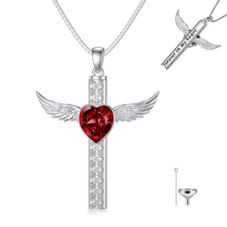 Sterling Silver Ruby Zirconia Angel Wing Cross Urn Necklace For Ashes Cremation Jewelry Forever In My Heart-4