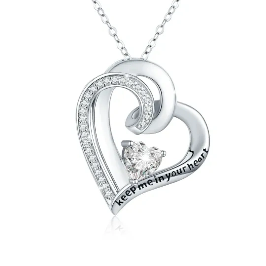 Sterling Silver Heart Shaped Zircon Heart Pendant Necklace with Engraved Word