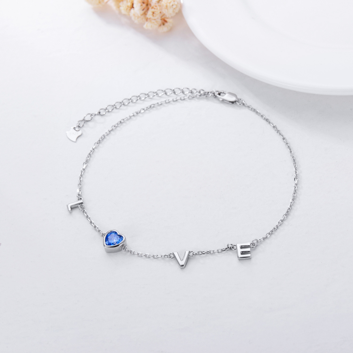 Sterling Silver Cubic Zirconia Heart Single Layer Anklet with Initial Letter E & with Initial Letter L & with Initial Letter O & with Initial Letter V-3