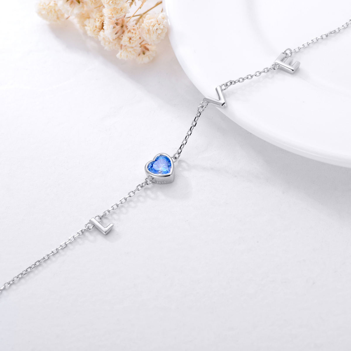 Sterling Silver Cubic Zirconia Heart Single Layer Anklet with Initial Letter E & with Initial Letter L & with Initial Letter O & with Initial Letter V-4