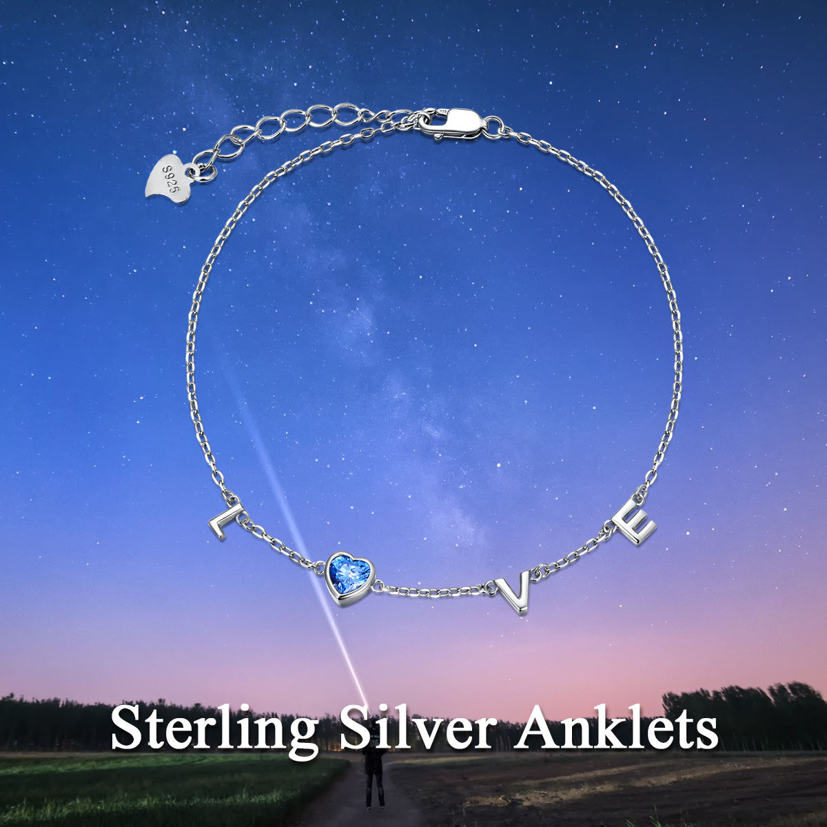 Sterling Silber Cubic Zirkonia Herz einlagig Fußkettchen mit Initial Buchstabe E & mit Ini-6