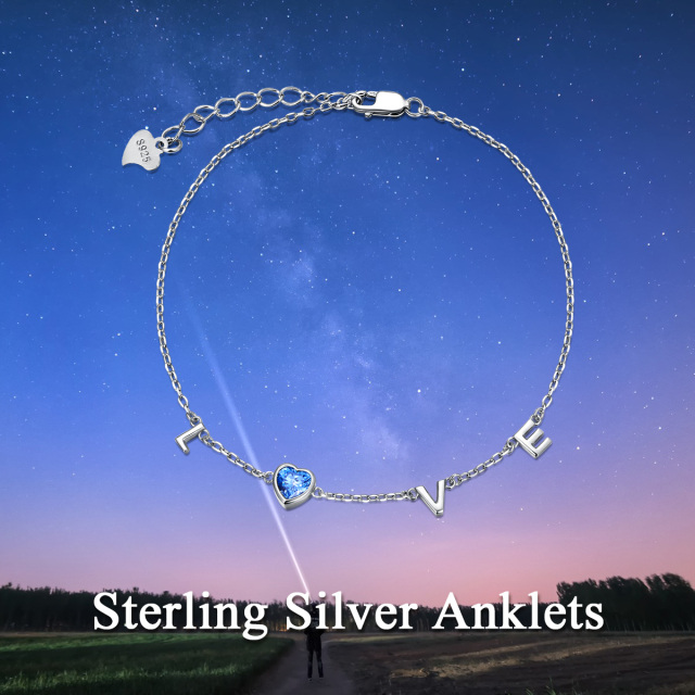 Sterling Silver Cubic Zirconia Heart Single Layer Anklet with Initial Letter E & with Initial Letter L & with Initial Letter O & with Initial Letter V-6