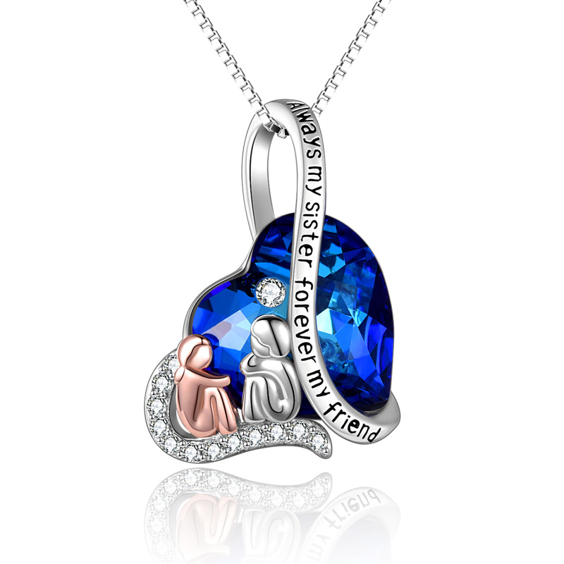 Sterling Silver Heart Crystal With Sisters Pendant Necklace With Engraved Word For Women-1