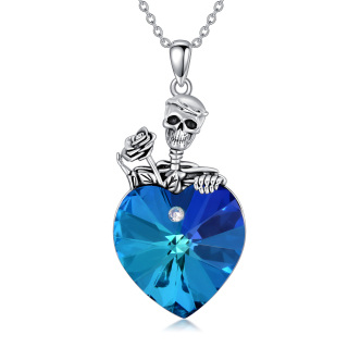 Sterling Silver Heart & Skull Crystal Pendant Necklace For Women-1