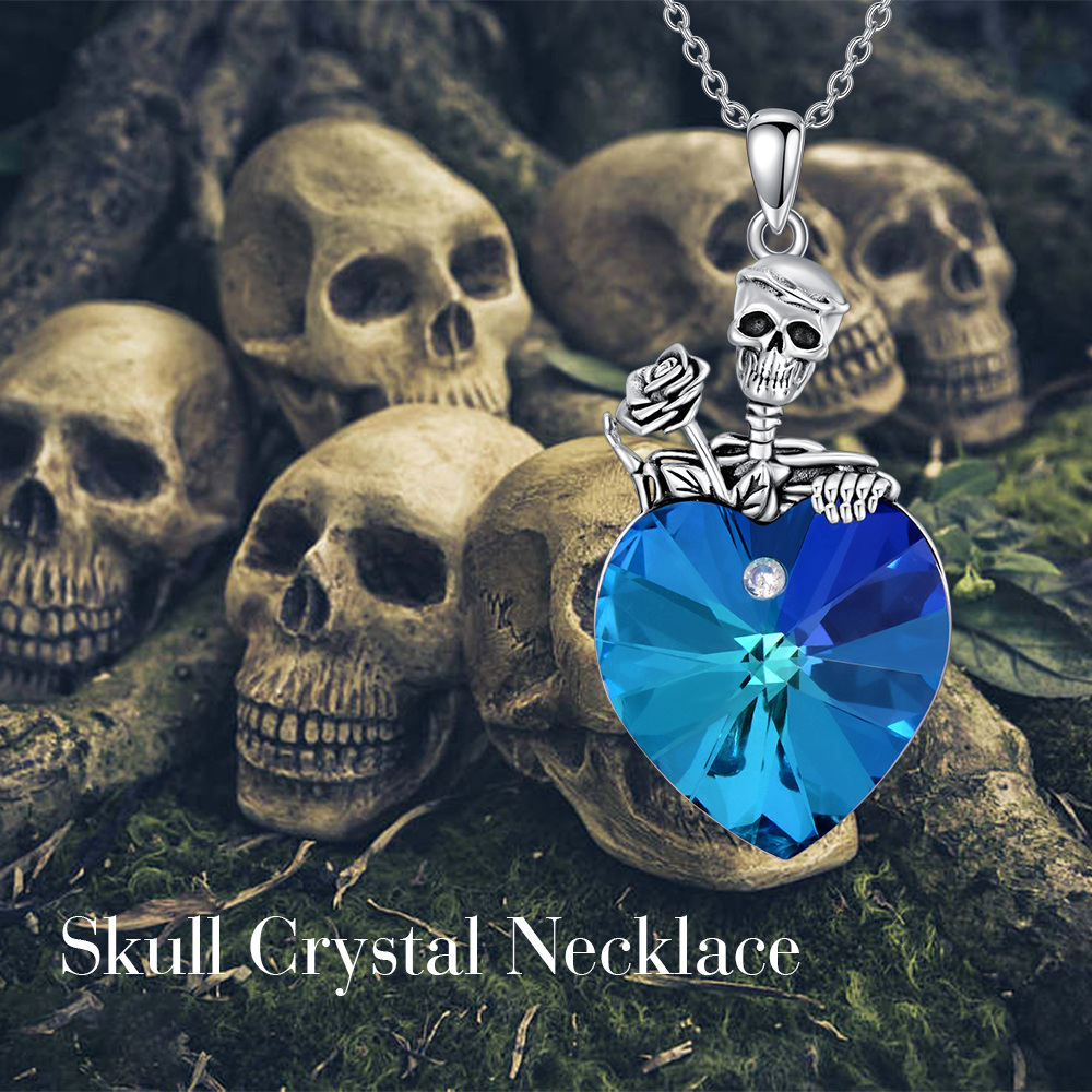 Sterling Silver Heart & Skull Crystal Pendant Necklace For Women-6