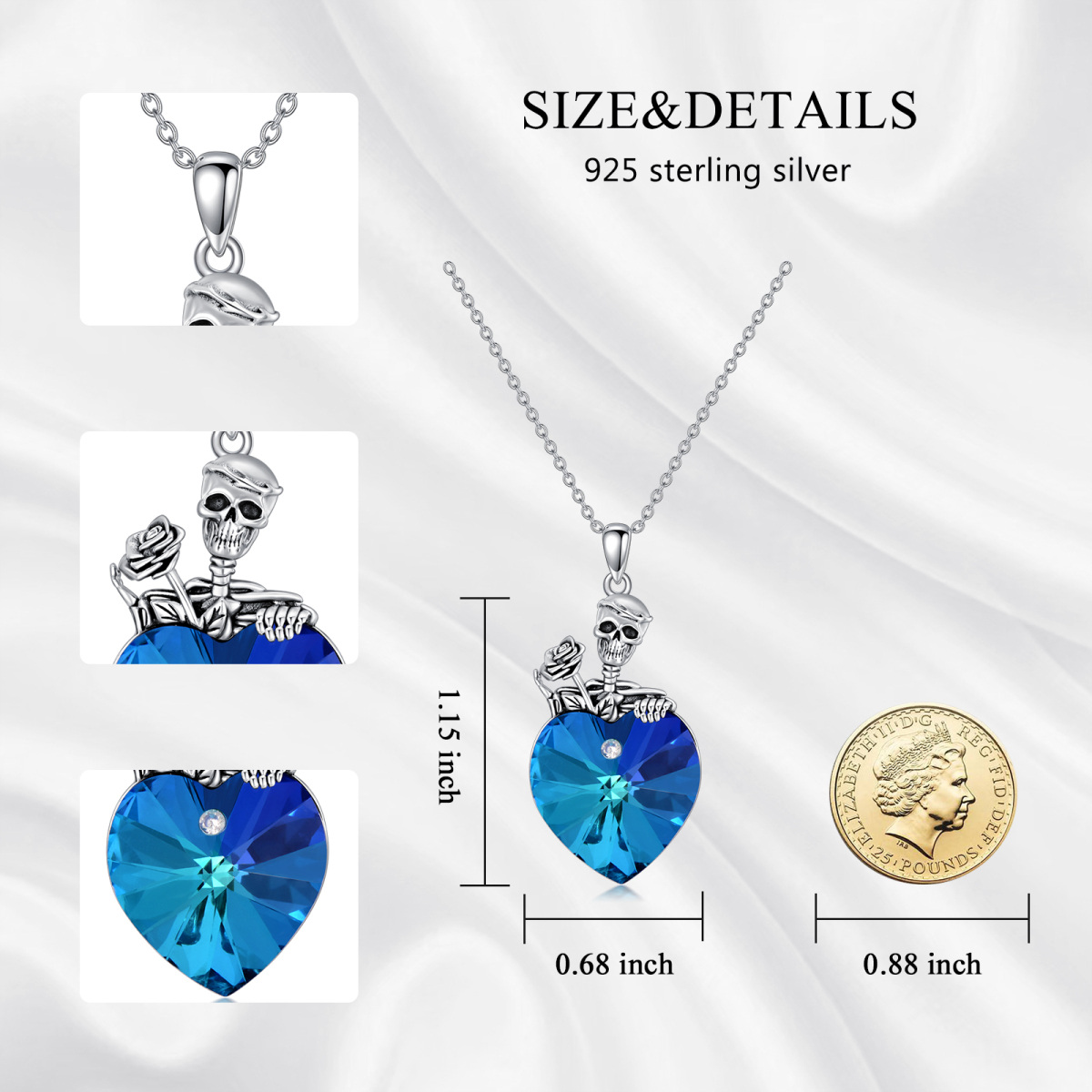 Sterling Silver Heart & Skull Crystal Pendant Necklace For Women-7