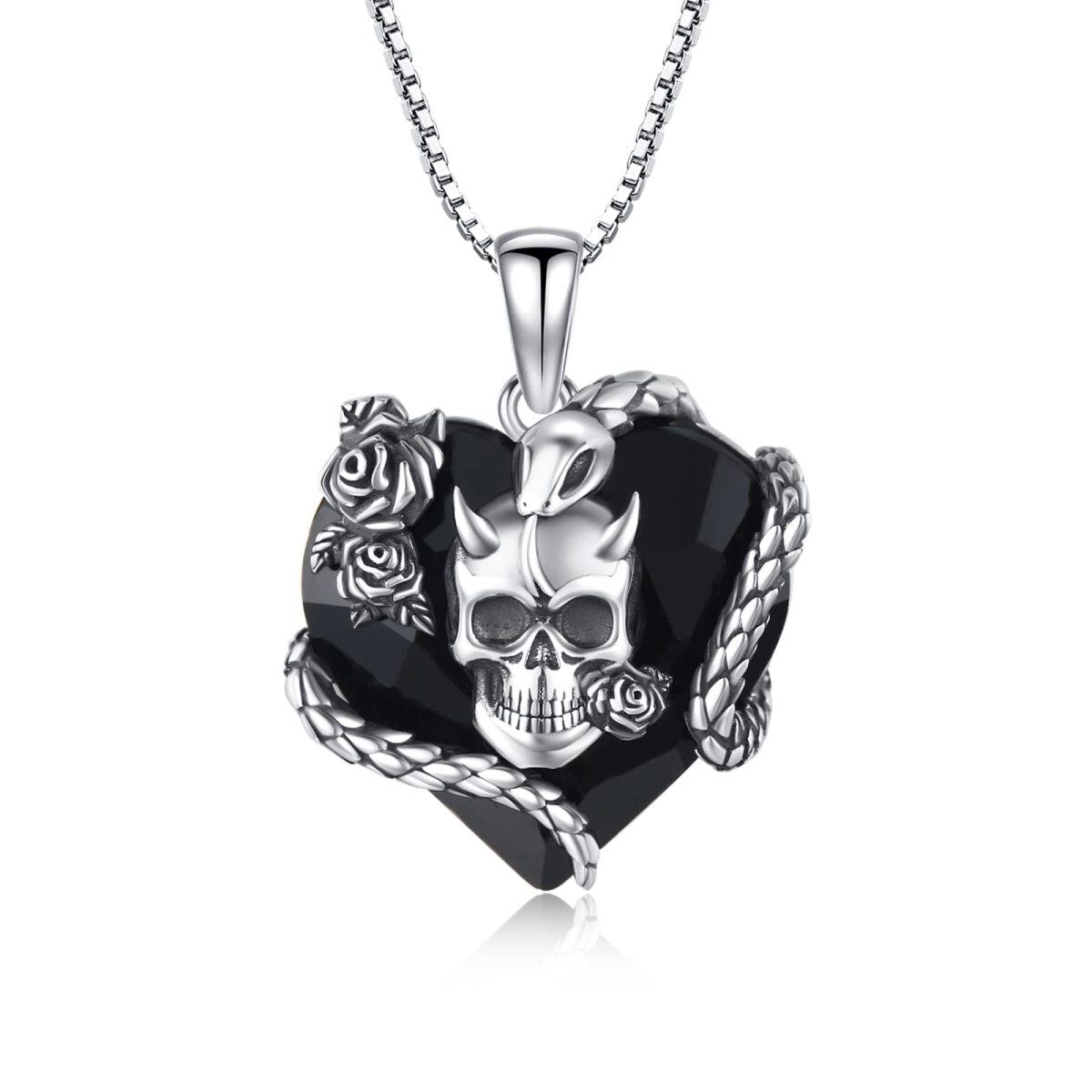 Collar Colgante Calavera Corazón de Plata de Ley con Cristal-1