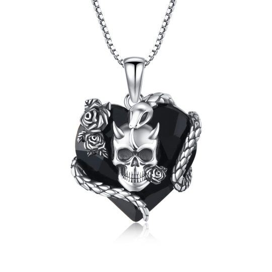 Sterling Silver Heart Skull Crystal Pendant Necklace