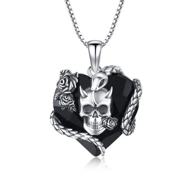 Sterling Silver Heart Skull Crystal Pendant Necklace-4