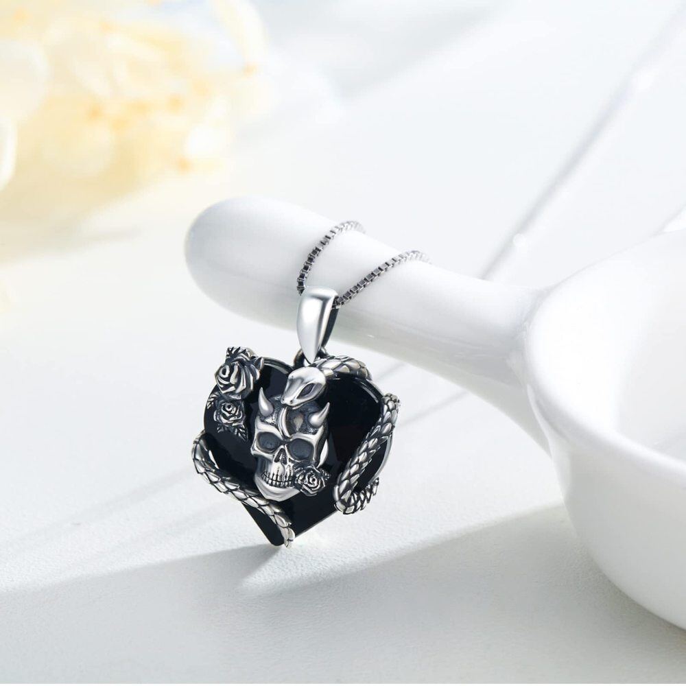 Sterling Silver Heart Skull Crystal Pendant Necklace-4