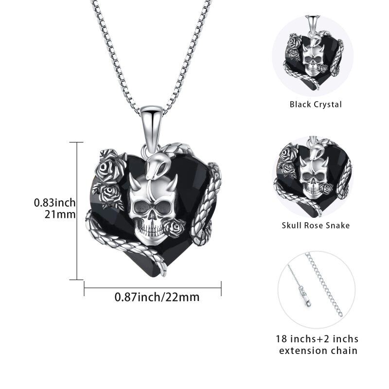 Sterling Silver Heart Skull Crystal Pendant Necklace-5