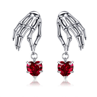 Sterling Silver Heart Cubic Zirconia Skull Drop Earrings For Women-19