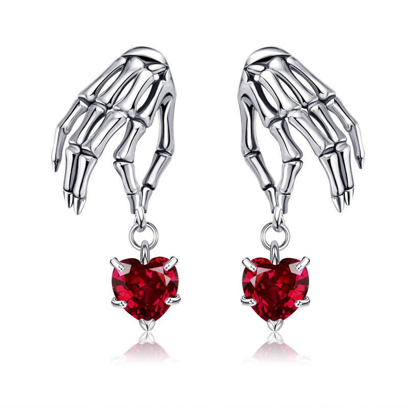 Sterling Silver Heart Cubic Zirconia Skull Drop Earrings For Women-11