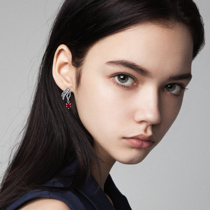 Sterling Silver Heart Cubic Zirconia Skull Drop Earrings For Women-2