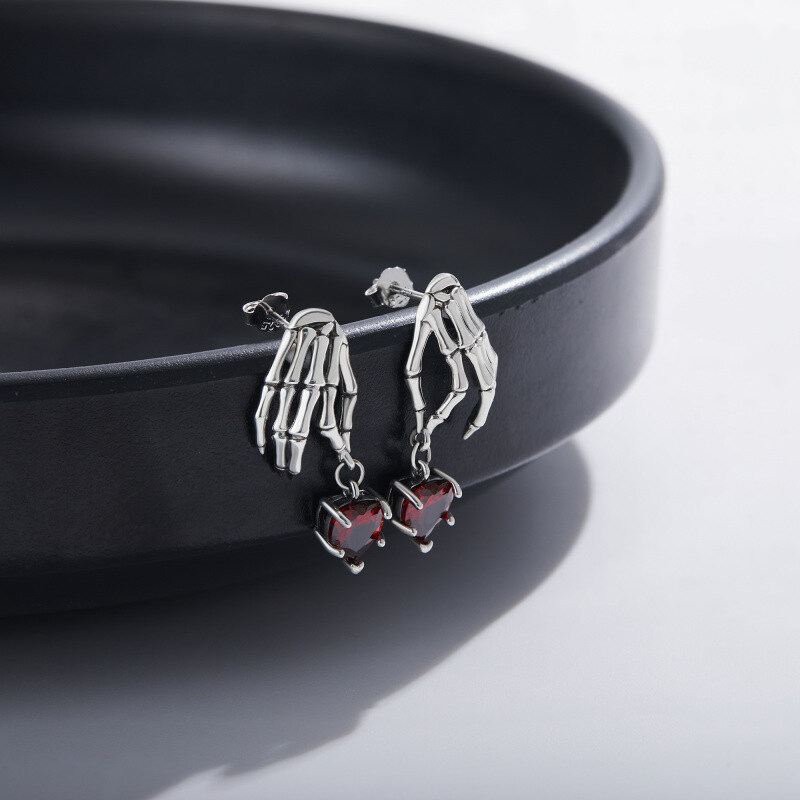 Sterling Silver Heart Cubic Zirconia Skull Drop Earrings For Women-3