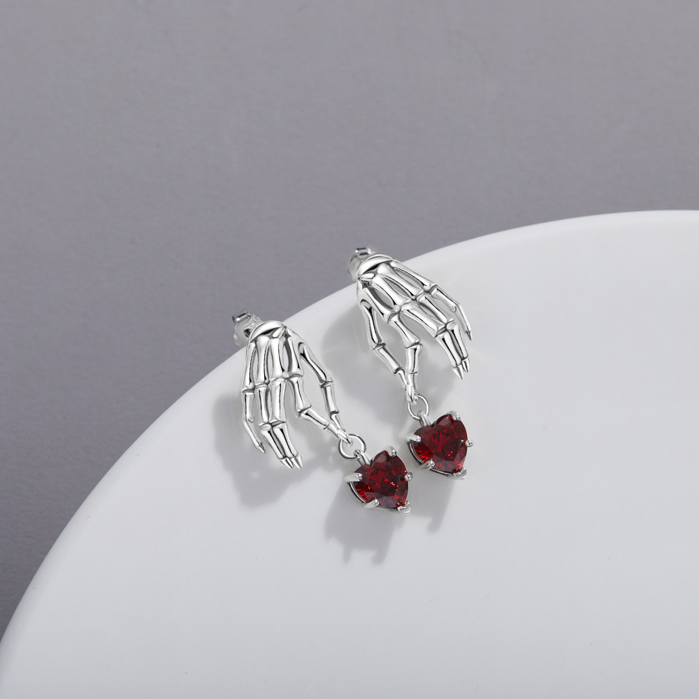 Pendientes colgantes de plata de ley con forma de calavera y circonita cúbica para mujer-4
