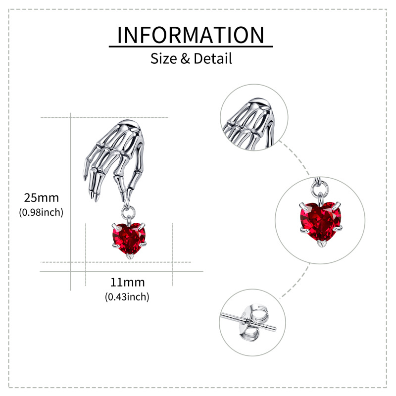 Sterling Silver Heart Cubic Zirconia Skull Drop Earrings For Women-5