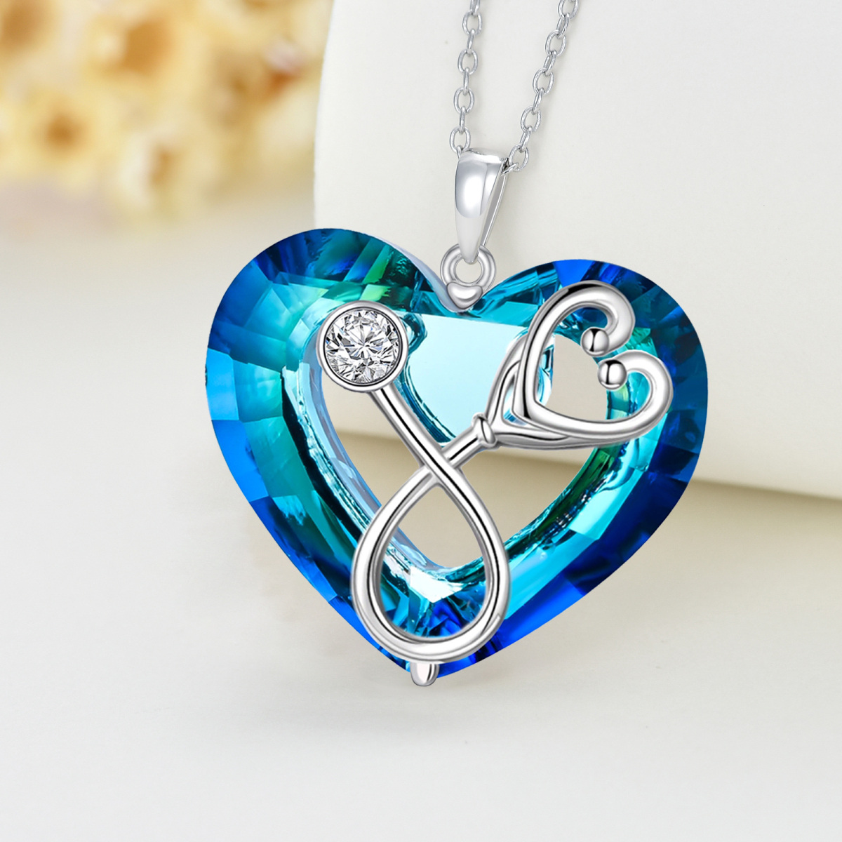 Sterling Silver Heart & Stethoscope Blue Crystal Pendant Necklace-3