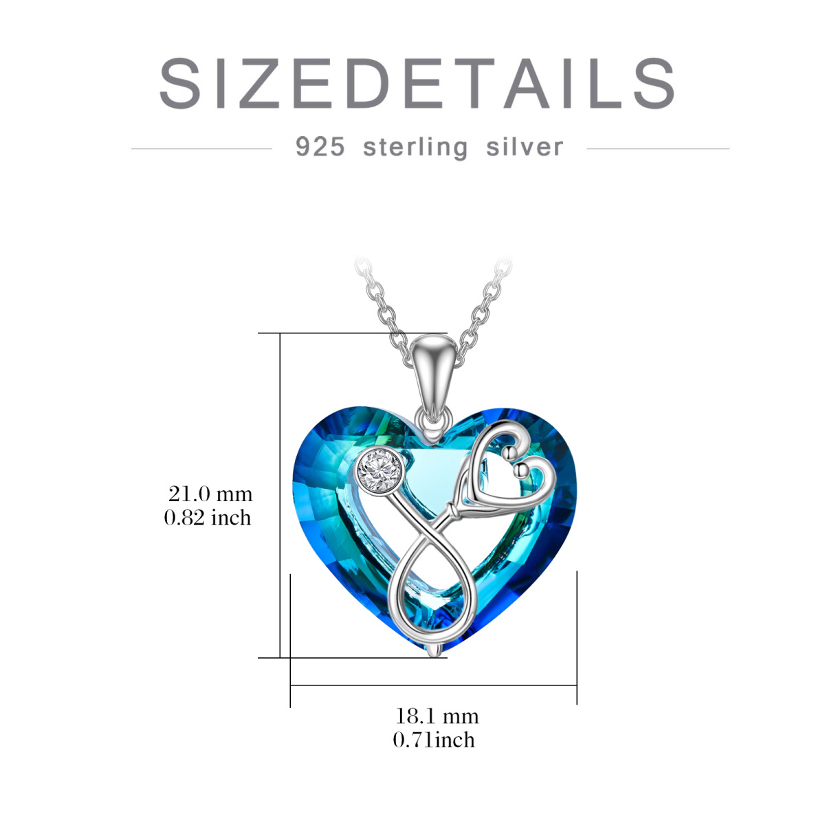 Sterling Silver Heart & Stethoscope Blue Crystal Pendant Necklace-5