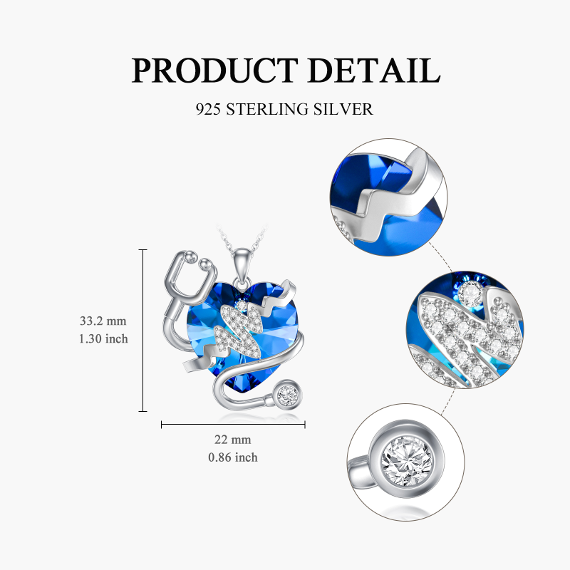 Sterling Silver Heart & Stethoscope Crystal Pendant Necklace-5