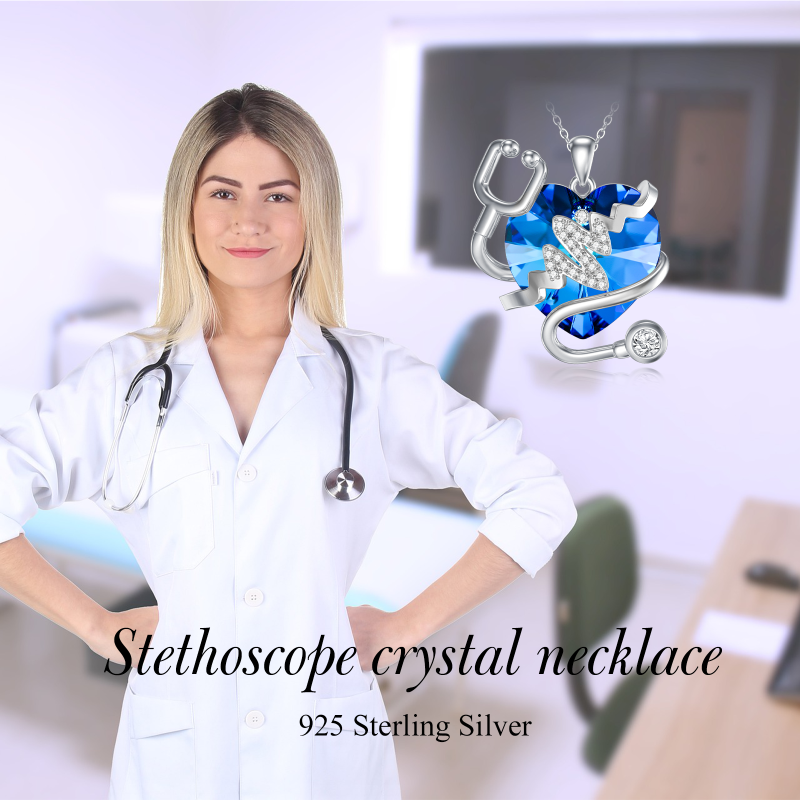Sterling Silver Heart & Stethoscope Crystal Pendant Necklace-6