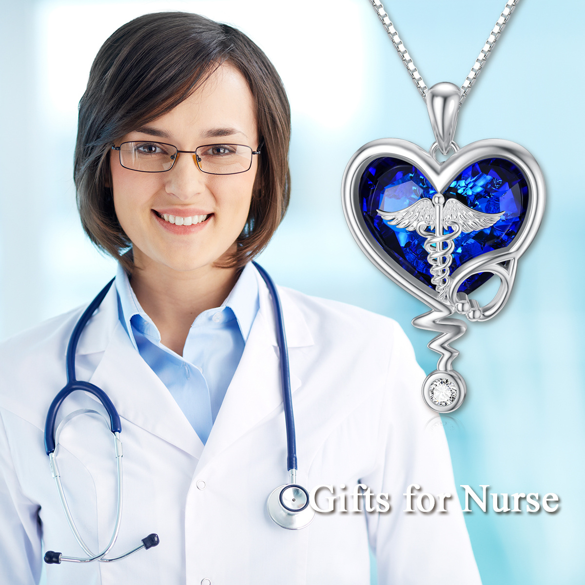 Sterling Silver Heart Stethoscope Crystal Pendant Necklace-4