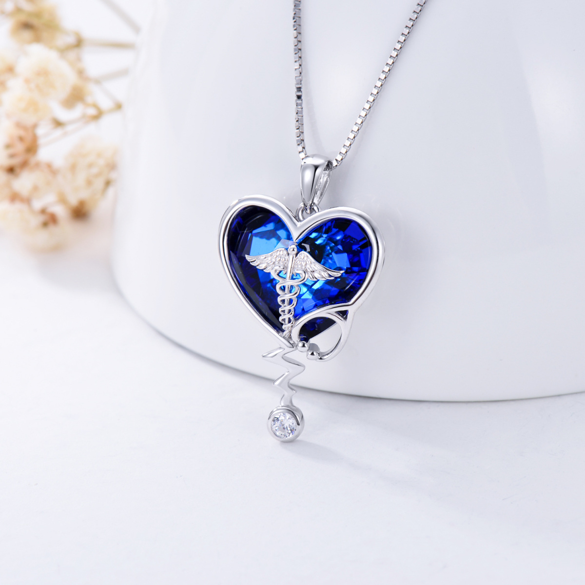 Sterling Silver Heart Stethoscope Crystal Pendant Necklace-5