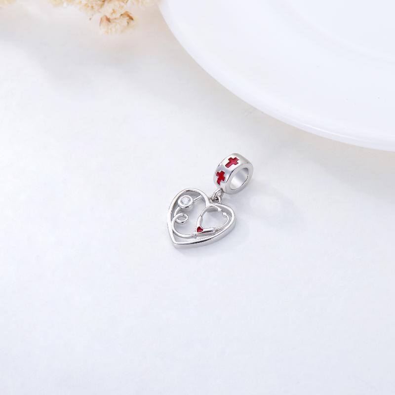 Sterling Silver Cubic Zirconia Heart & Stethoscope Dangle Charm-4