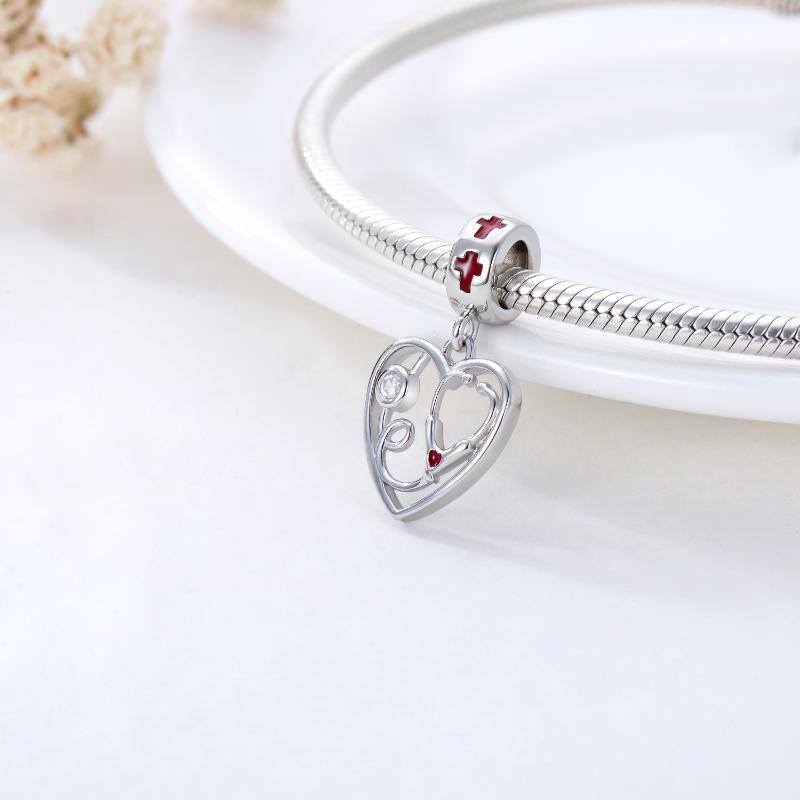 Sterling Silver Cubic Zirconia Heart & Stethoscope Dangle Charm-5