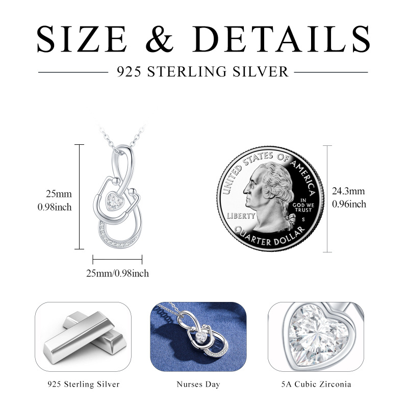 Collar con colgante de estetoscopio en forma de corazón y circonita cúbica en plata de ley-4