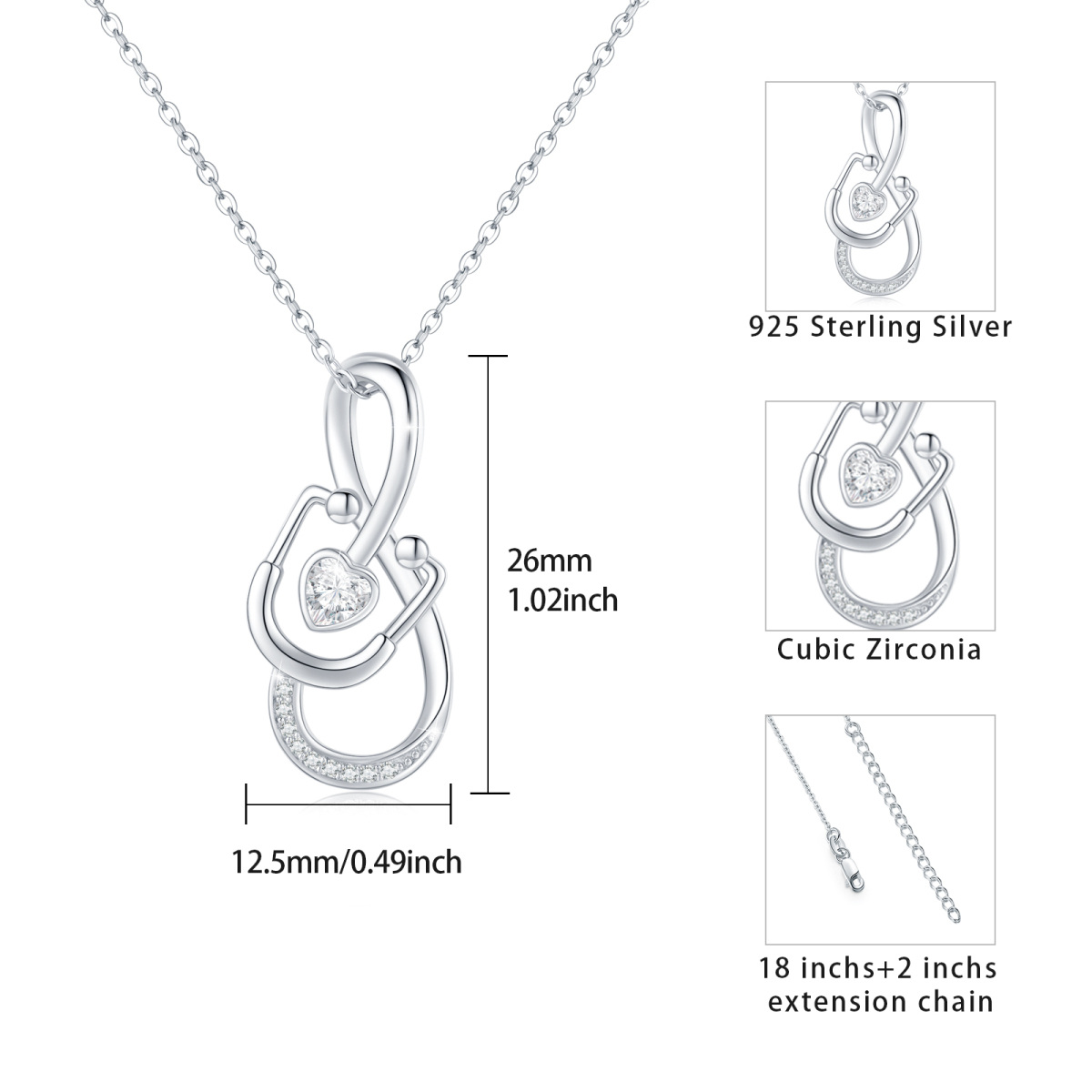 Sterling Silver Cubic Zirconia Heart & Stethoscope Pendant Necklace-5