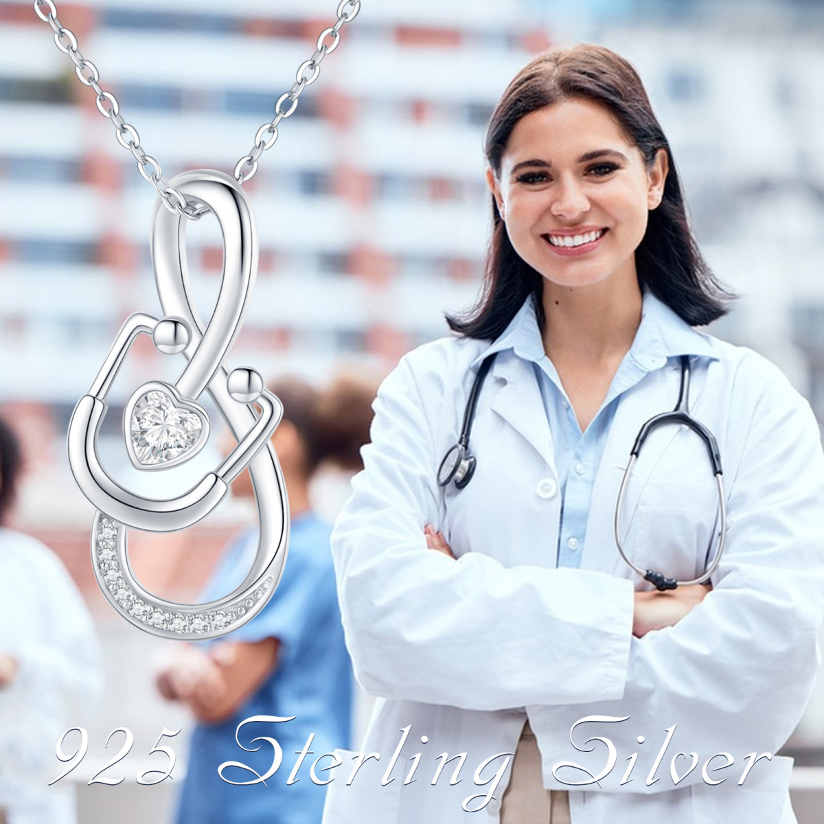 Sterling Silver Cubic Zirconia Heart & Stethoscope Pendant Necklace-6