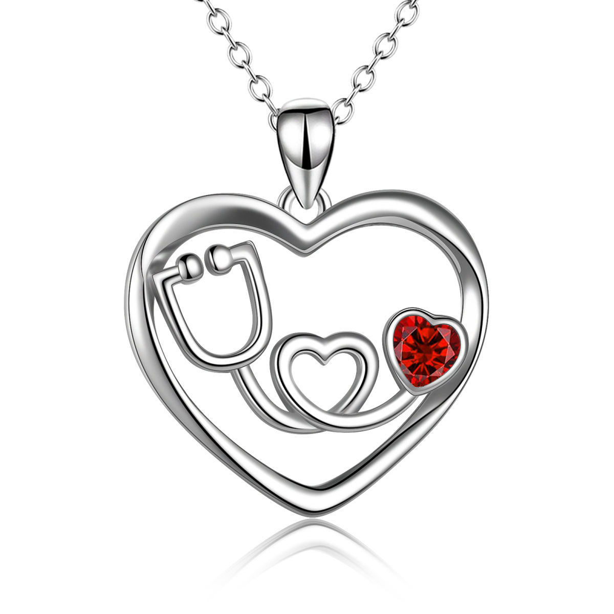 Collana con cuore elettrocardiogramma in argento sterling e zirconi cubici rossi per donna-1