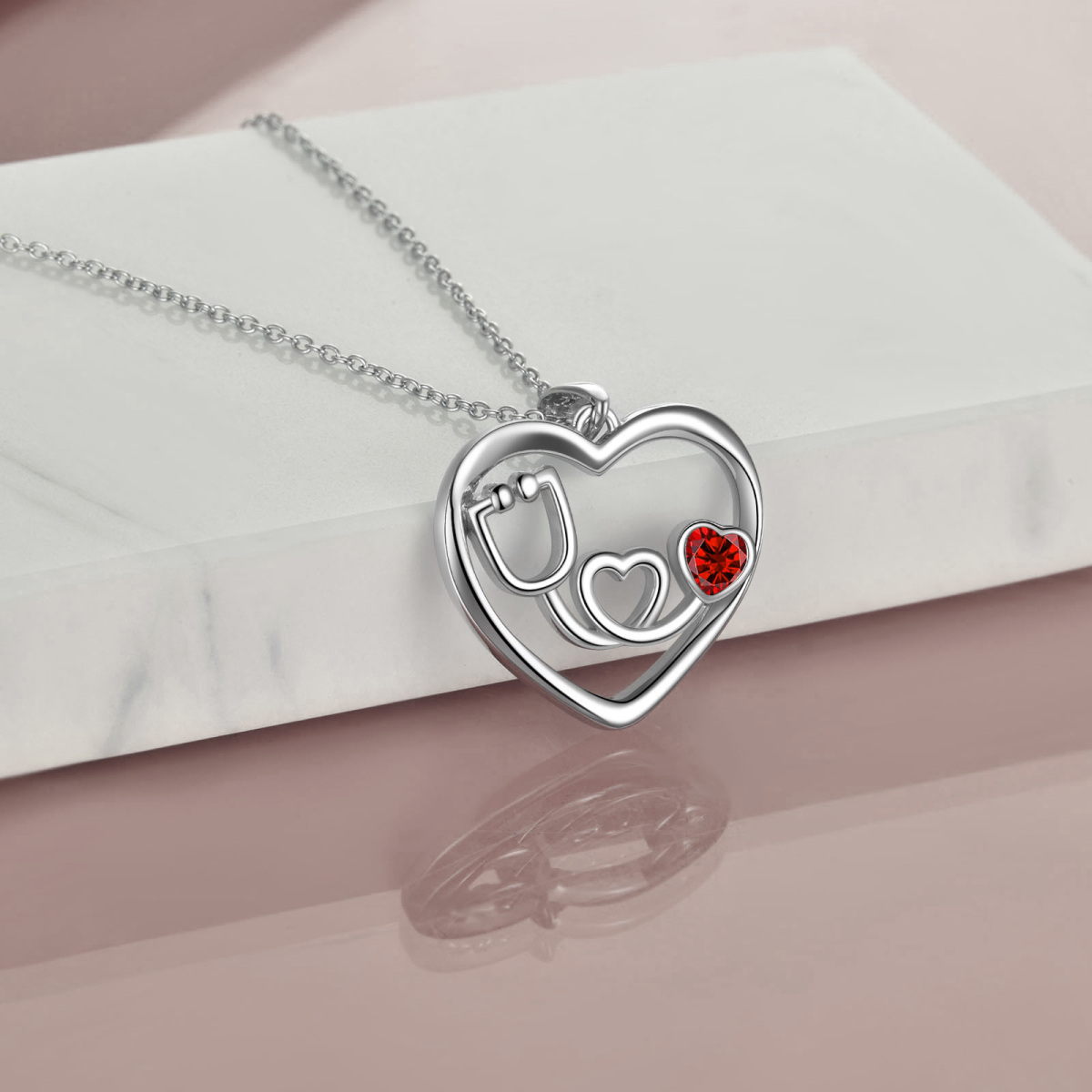 Collana con cuore elettrocardiogramma in argento sterling e zirconi cubici rossi per donna-3