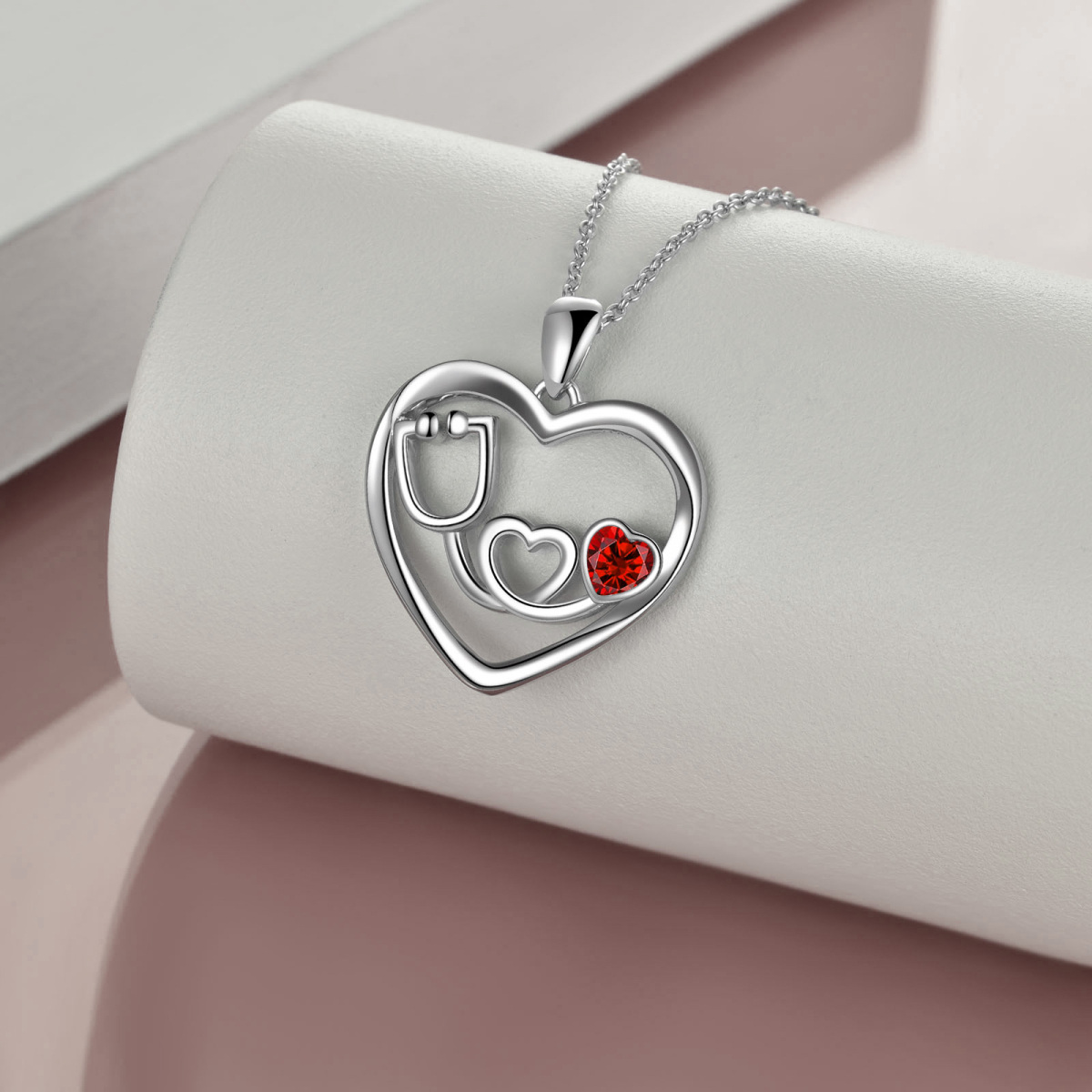 Collana con cuore elettrocardiogramma in argento sterling e zirconi cubici rossi per donna-4