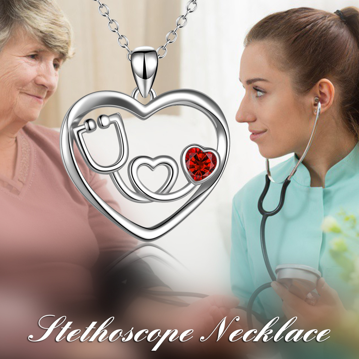 Collana con cuore elettrocardiogramma in argento sterling e zirconi cubici rossi per donna-6