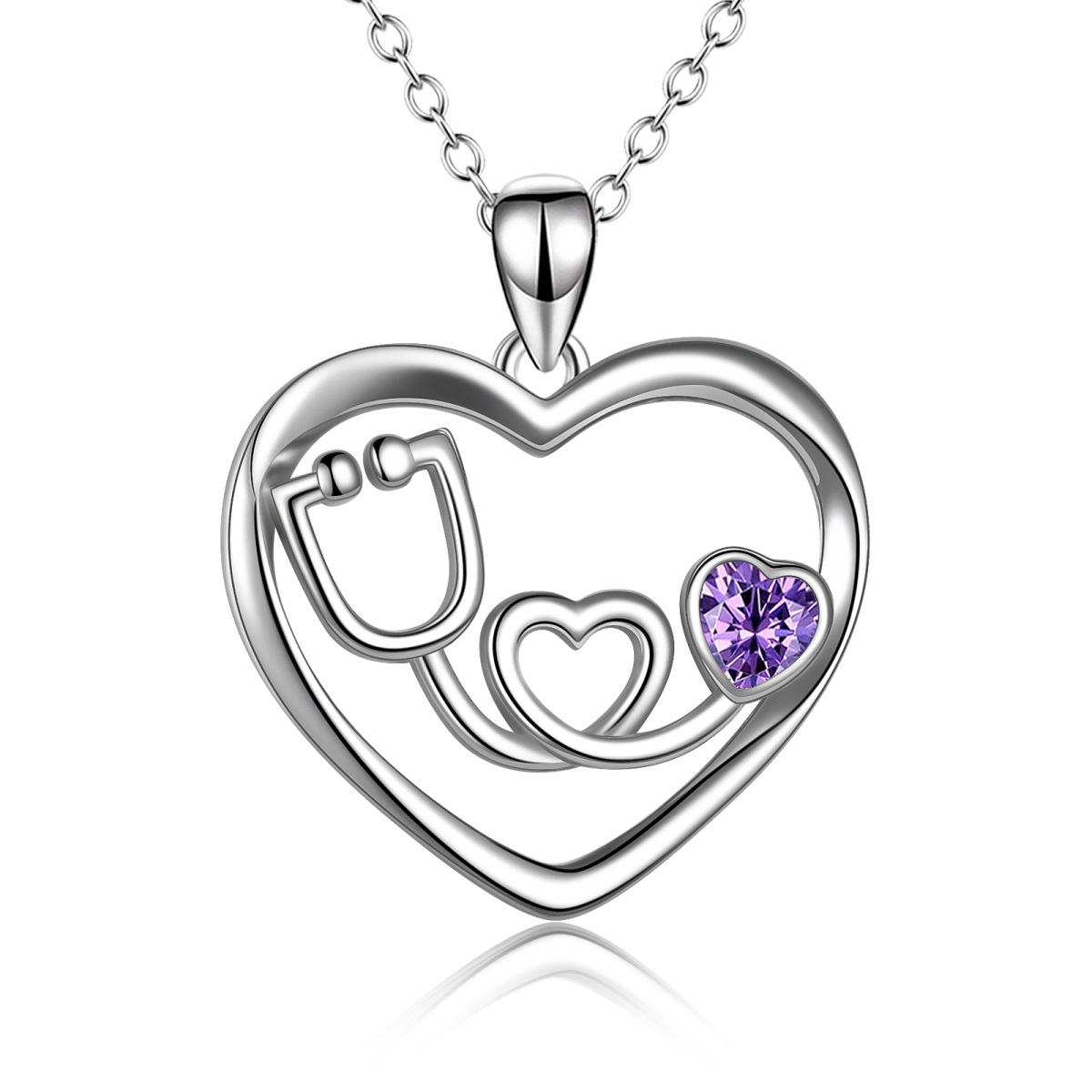 Collana con ciondolo a cuore e stetoscopio in argento sterling con zirconio cubico-1