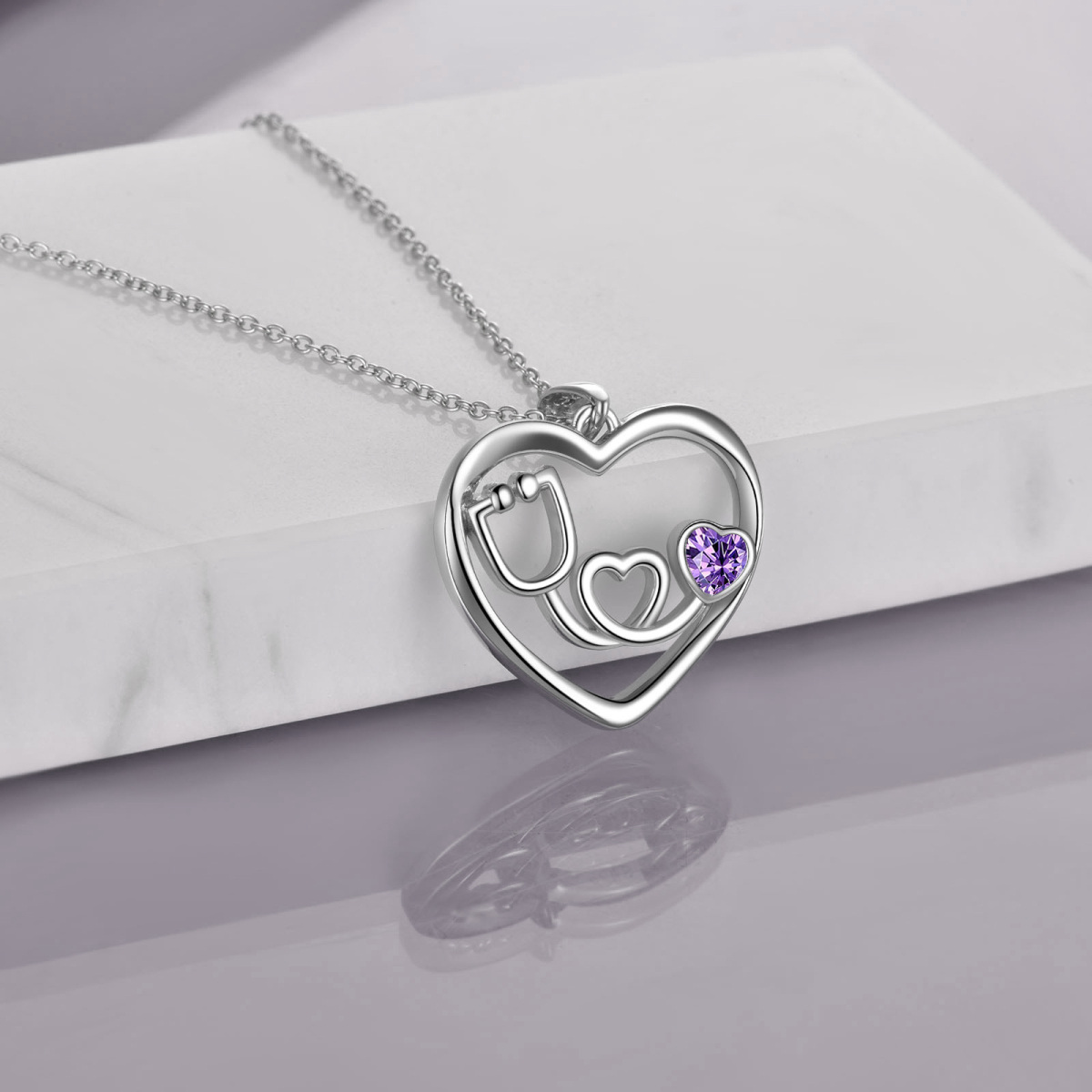 Collana con ciondolo a cuore e stetoscopio in argento sterling con zirconio cubico-3