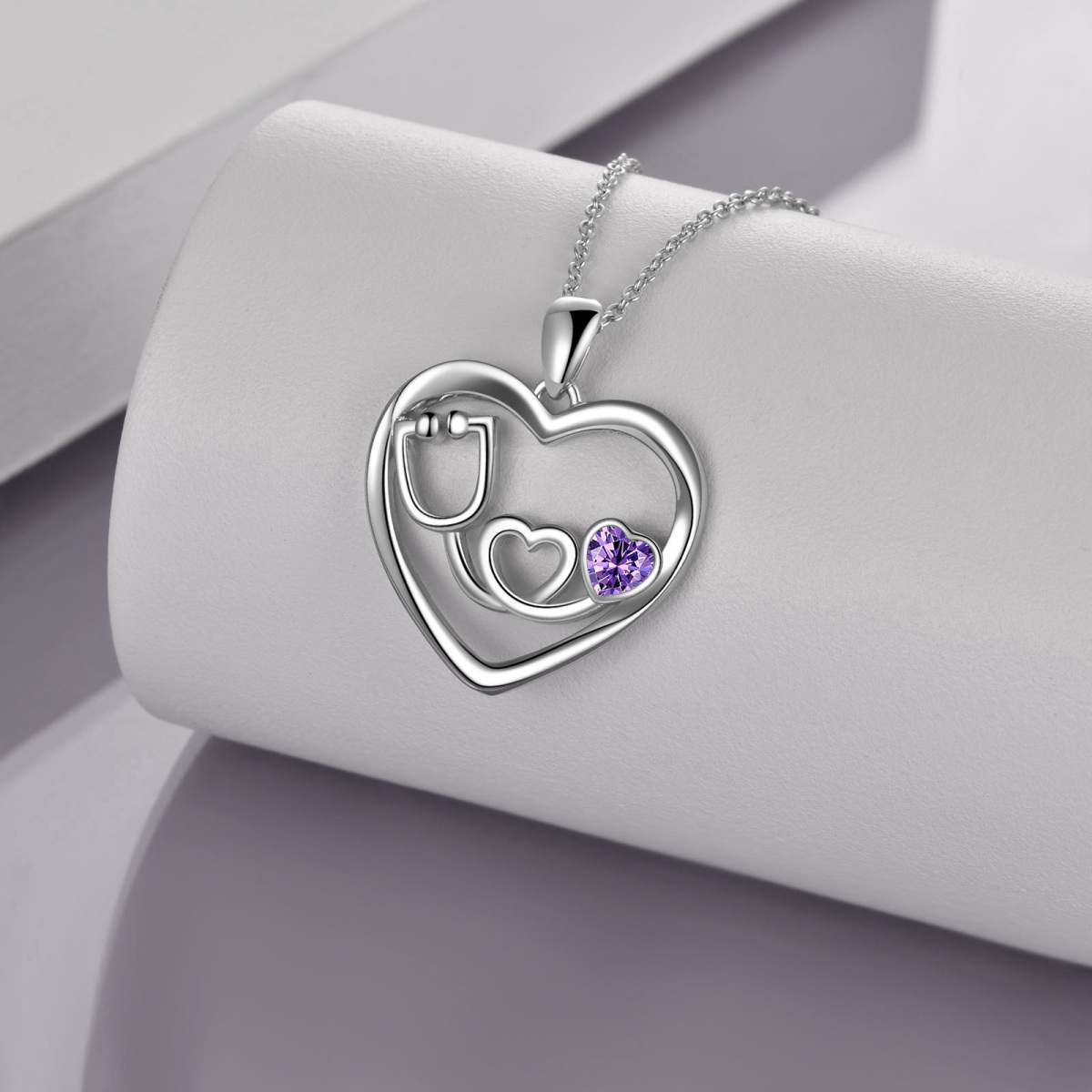 Sterling Silver Cubic Zirconia Heart & Stethoscope Pendant Necklace-4