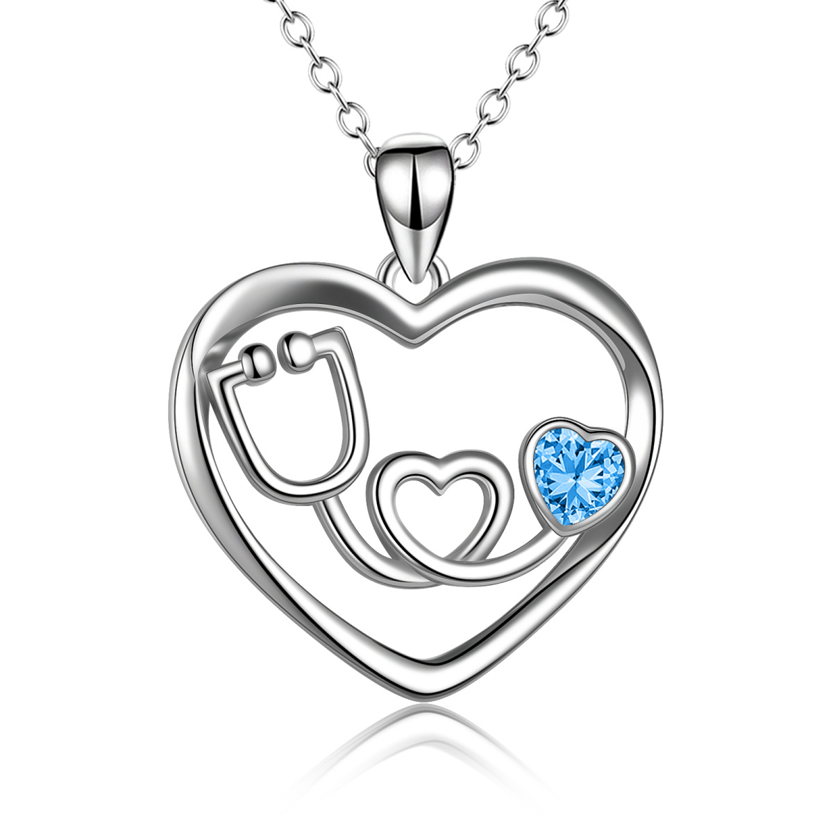 Sterling Silver Blue Cubic Zirconia Electrocardiogram Heart Necklace for Women-1