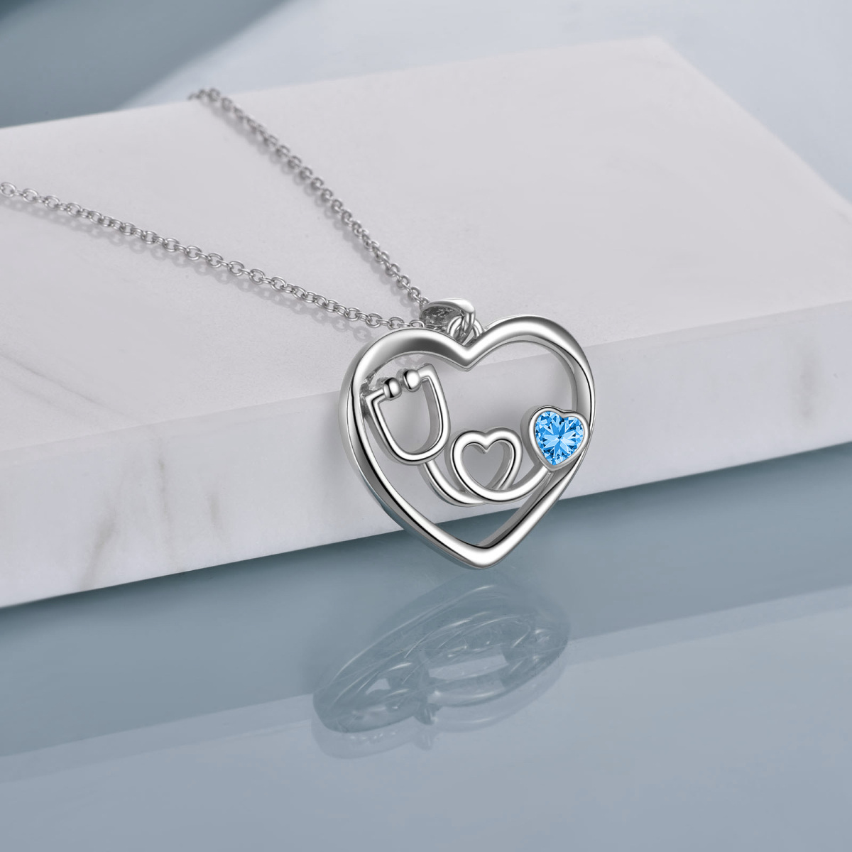 Sterling Silver Blue Cubic Zirconia Electrocardiogram Heart Necklace for Women-3