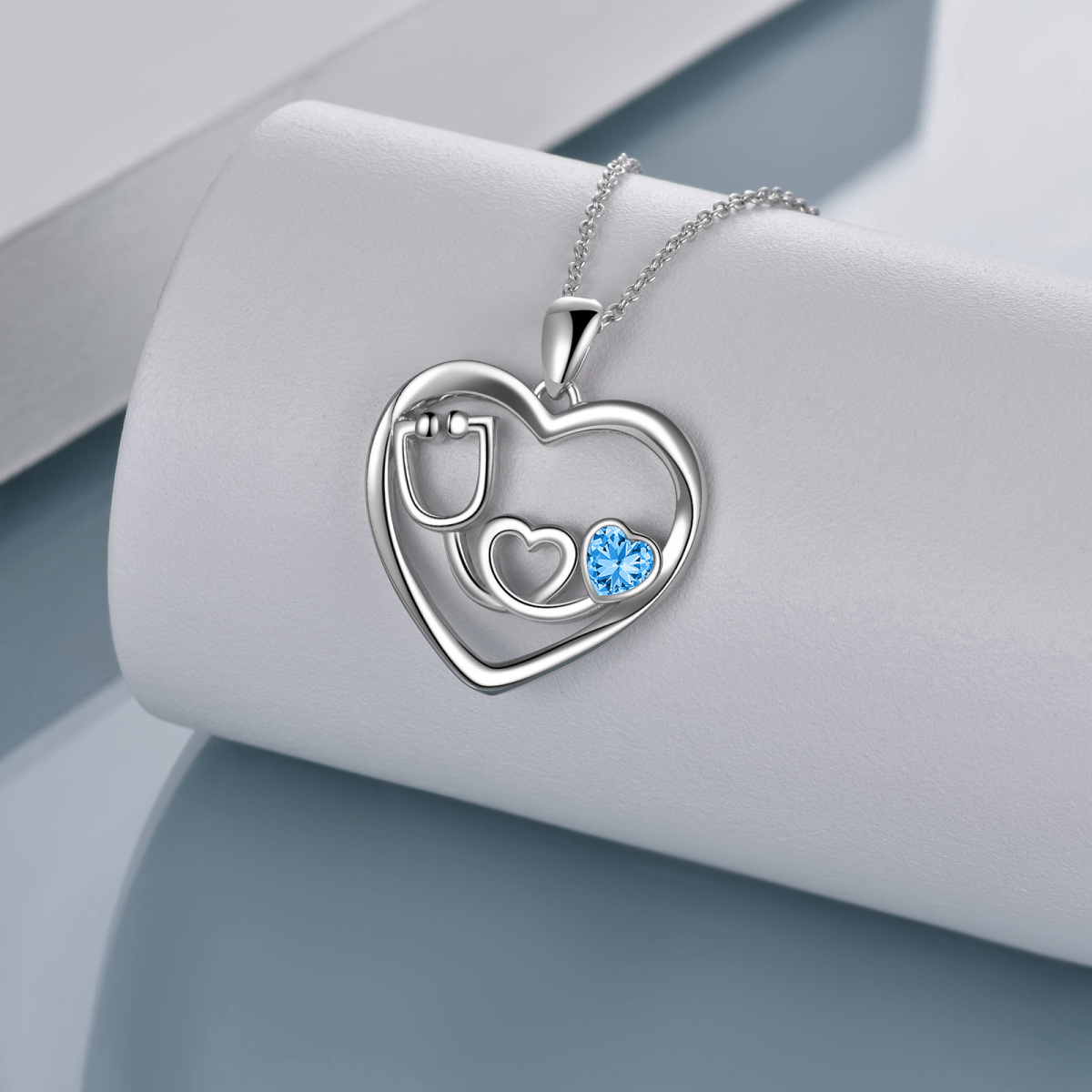 Sterling Silver Blue Cubic Zirconia Electrocardiogram Heart Necklace for Women-4