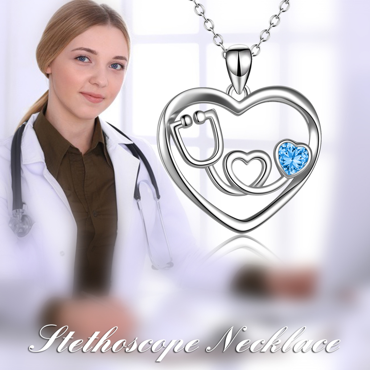 Sterling Silver Blue Cubic Zirconia Electrocardiogram Heart Necklace for Women-6