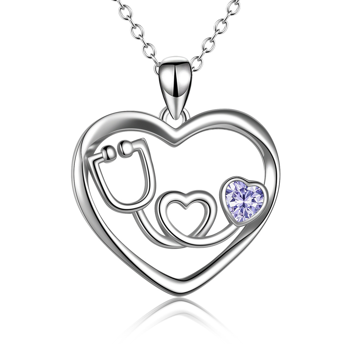 Sterling Silver Purple Cubic Zirconia Electrocardiogram Heart Necklace for Women-1