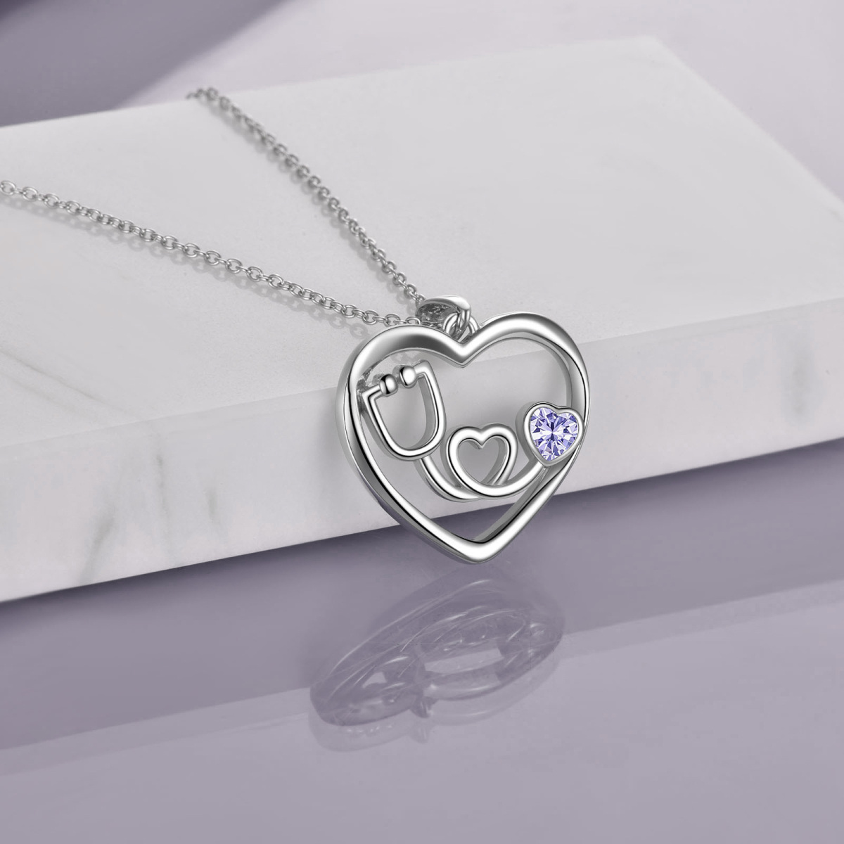 Sterling Silver Purple Cubic Zirconia Electrocardiogram Heart Necklace for Women-3